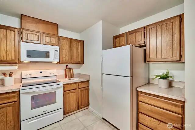 The kitchen is quite large and offers plenty of storage space, including a pantry.