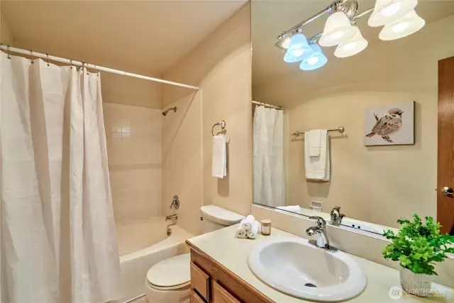 The hall bath offers a (non-jetted) soaking tub and lots of storage.