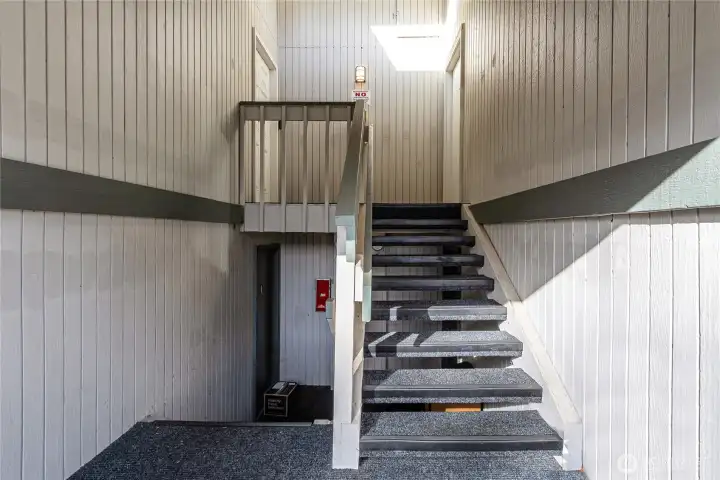 stairwell to top unit T-7 on right