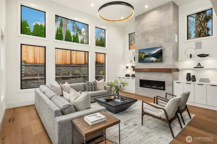 Vaulted great room that overlooks the private, spacious backyard