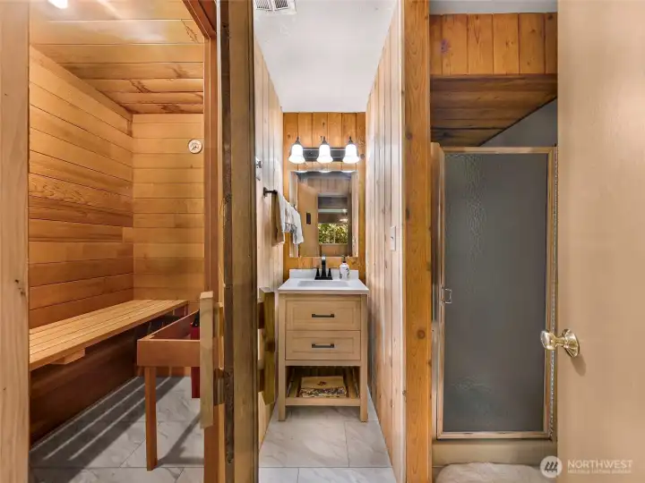 Lower level bathroom and built-in sauna