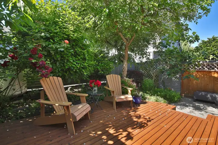 Roses and a beautiful buffer of mature landscaping provides privacy and beauty. There is a bench that is also a storage area just beyond the right edge of this photo.