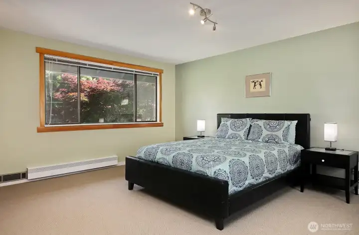 Upper Level Primary Suite. Japanese Maple is glimpsed through the window!