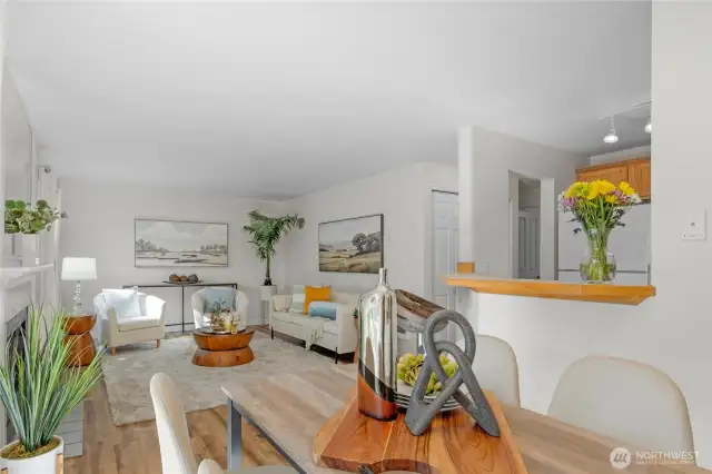 Looking from the dining area to the living room.  You can enjoy the fireplace from here too.