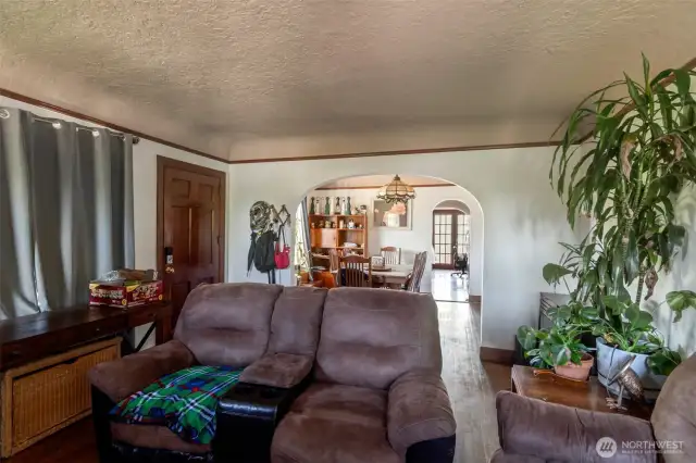 View from the living room through the dining space and into the kitchen