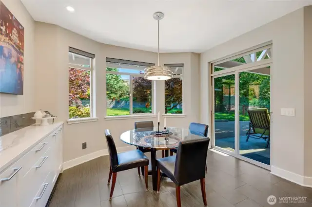 The storage continues into the dining area.  Breakfast with a garden view!