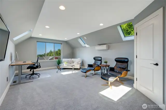 This spacious bonus room with closet could be a 4th bedroom, a large office or a secondary living area. This room enjoys air conditioning and a ductless heat pump.  Four skylights make for a bright and cheerful room, but in the summer, blackout shades can be drawn.  The HD plasma television is included.