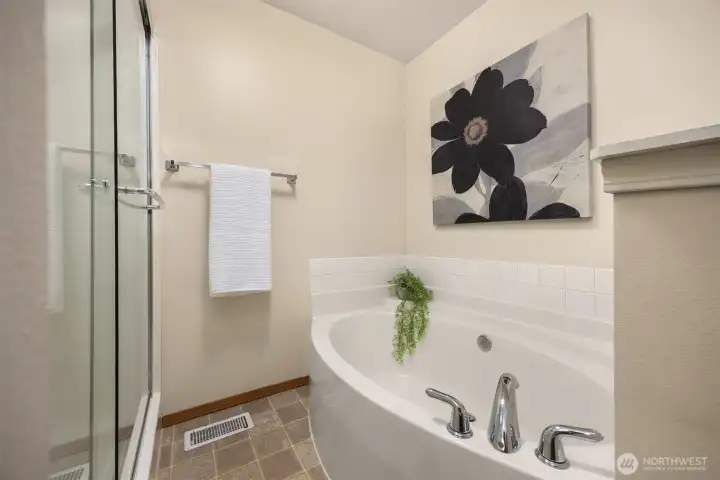 Extra large bathtub and shower.