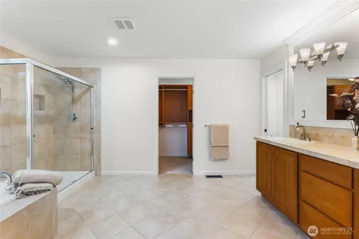 Five-piece primary bath with dual vanities