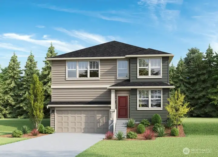 Wellington plan with tall garage for ample storage capabilities.  Rendering and colors are for demonstrational purposes only.