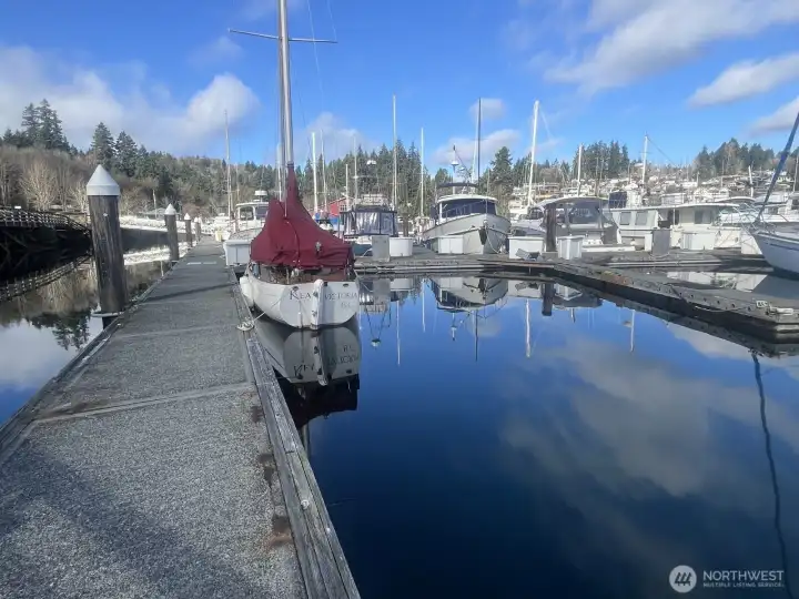 Rear perspective of Slip B28, a 32’ boat slip at Murphy’s Landing Marina in downtown Gig Harbor. Tenant in place; 30-day notice to vacate required.
