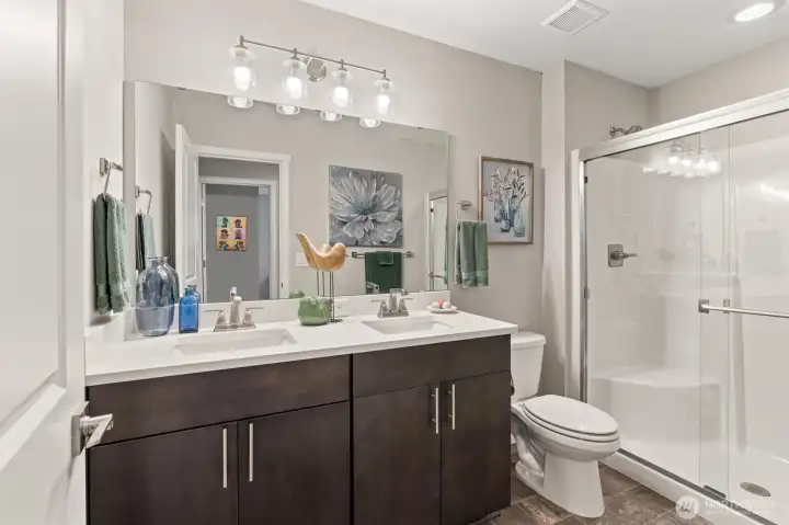 3/4 bath upstairs with dual sinks