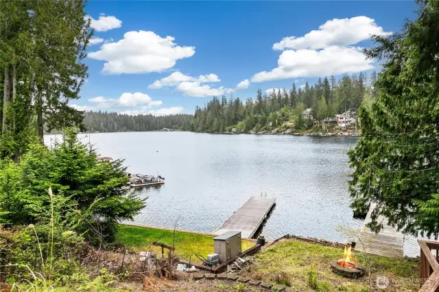 A lakeside view showcasing your dock and the scenic beauty of Haven Lake.