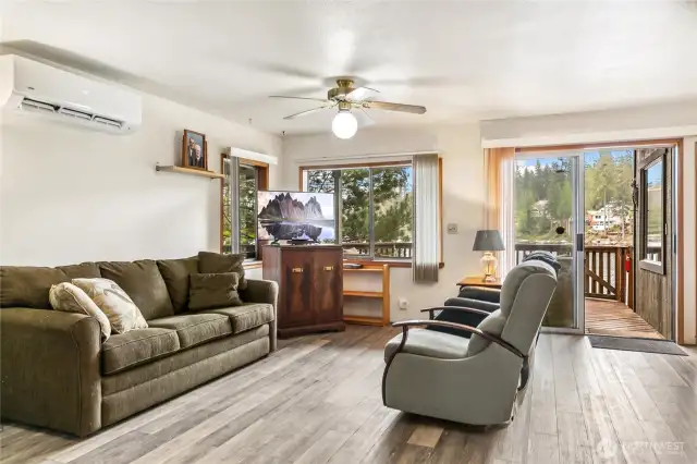 A closer look reveals the mini-split system for comfort year-round. Sliding doors lead to the covered deck and down to the lake.