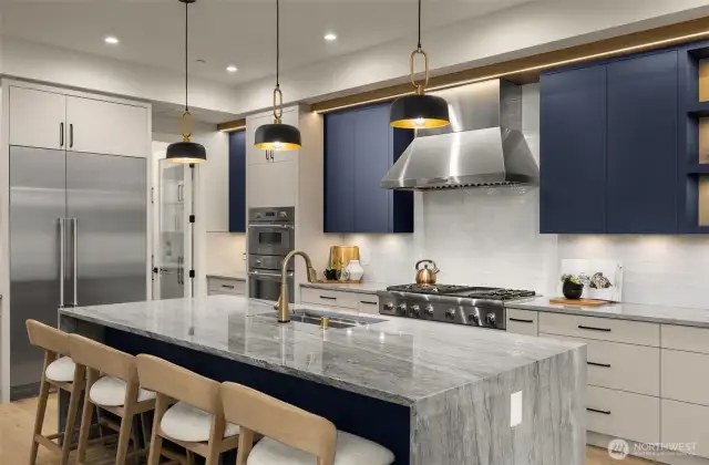 Designer kitchen with full wood custom cabinets and Sensoan acrylic