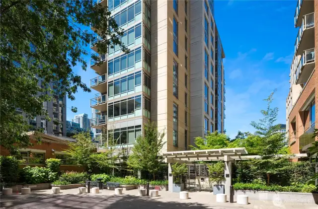A convenient turnabout for a quick drop-off as well as access to the private garage where you have a dedicated parking spot.