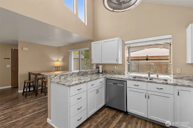 Open kitchen to eating area.