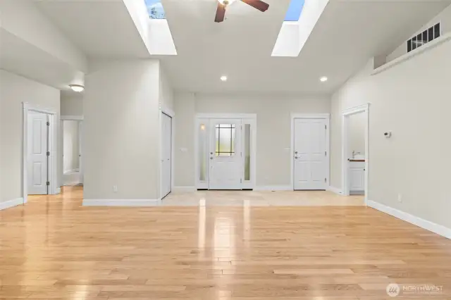 Living room and entry as viewed from the sliding doors.
