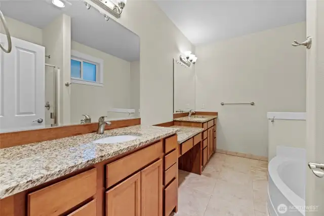 Primary bathroom with soaker tub, stall shower and huge vanity with double sinks