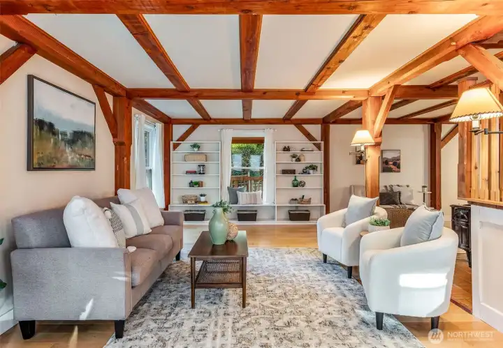 Built-in bookshelves in living room.