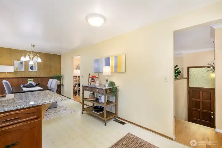 side view of kitchen with an eating bar or add a table