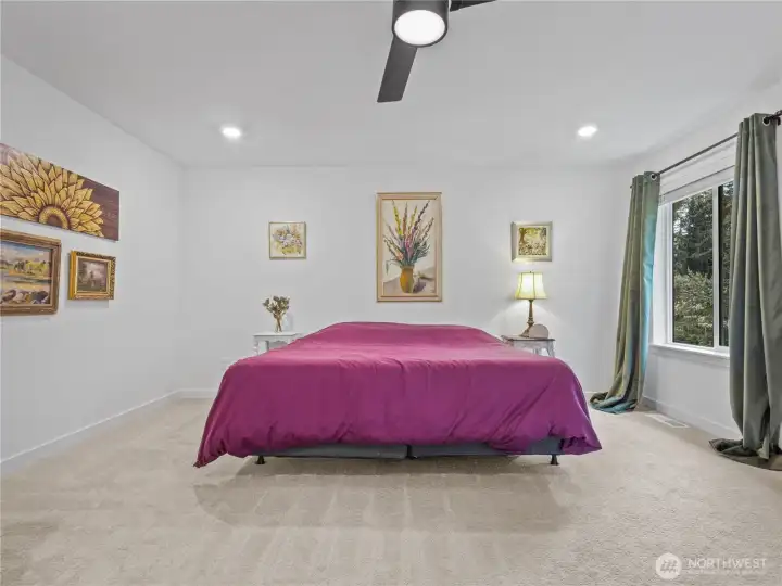 The primary bedroom is spacious enough to fit a king size bed with plenty of room to spare.