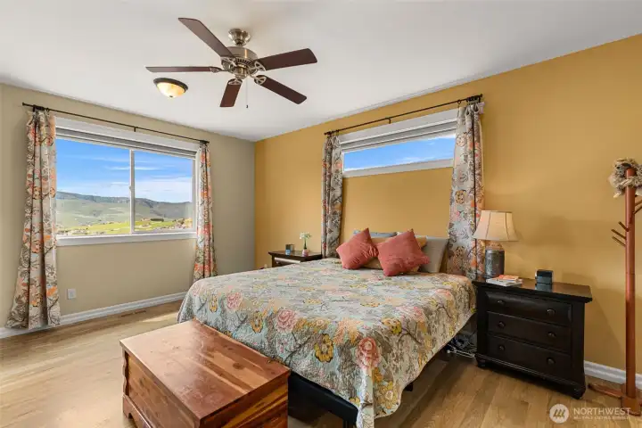 Looking toward the en suite bath and the door to the covered viewing deck.