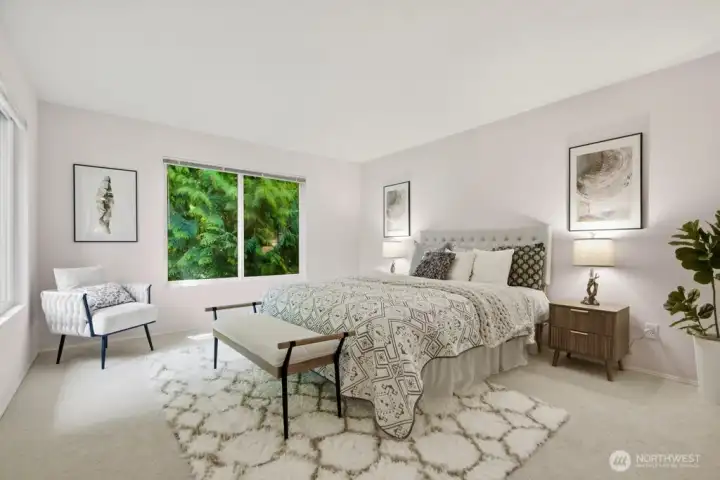 Large, serene primary suite is located at the back of the unit so it faces the forest! Large, serene primary suite is located at the back of the unit so it faces the forest!