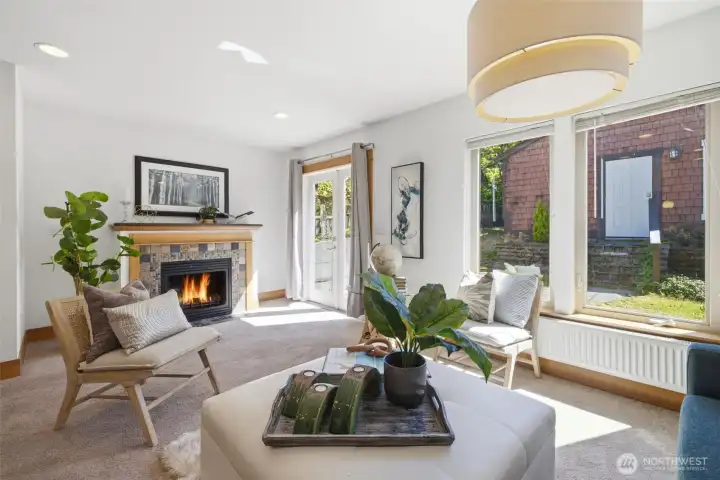 Gas fireplace and view and access to charming backyard patio Gas fireplace and view and access to charming backyard patio
