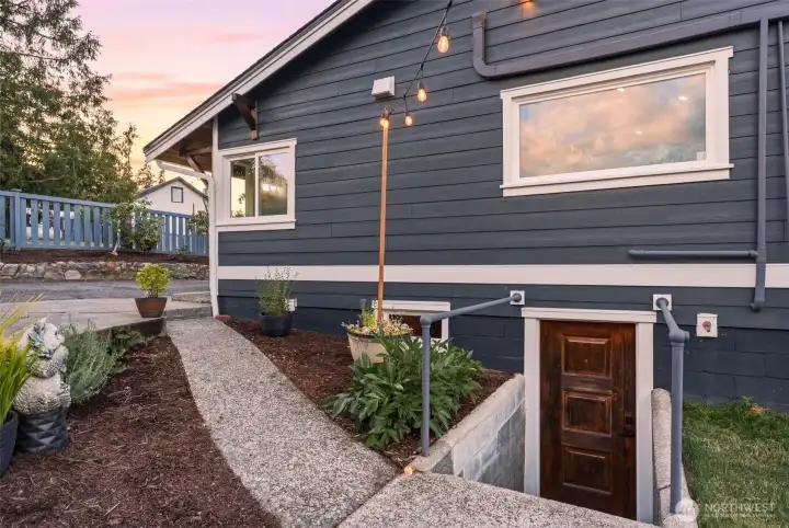 Finished basement studio apartment exterior access.