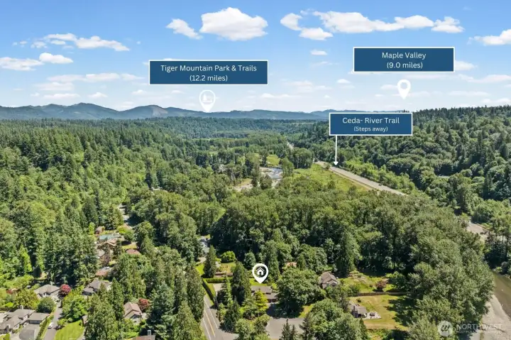 Step outside and find yourself steps from the Cedar River Trail, with Tiger Mountain Park and Trails just 12.2 miles away and Maple Valley a quick 9-mile drive for shopping and dining. This is Pacific Northwest outdoor living at its finest — where world-class trails, rivers, and mountain views are woven into the fabric of everyday life.
