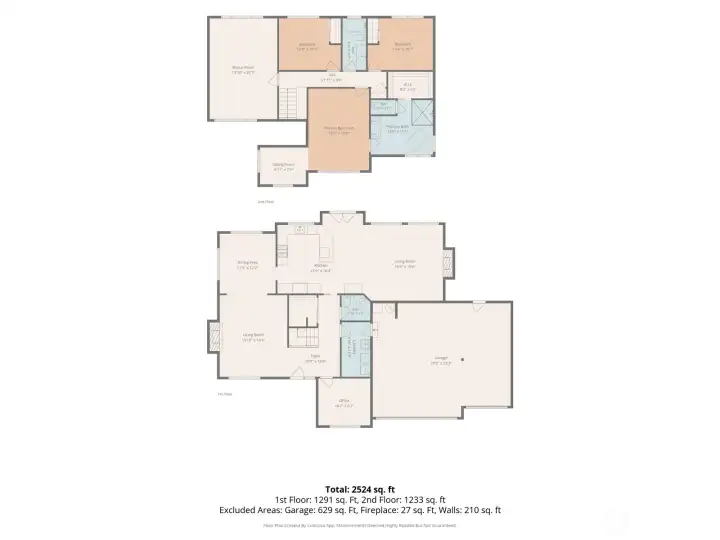 Spacious and functional floor plan featuring 2,720 sq. ft. of living space with multiple living areas, a dedicated office, bonus room, sitting room, and a generous 629 sq. ft. garage.