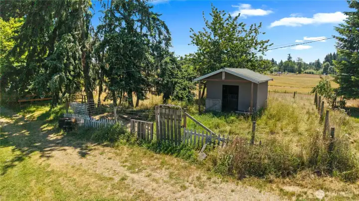 As you leave the Main House to head to the Fields, you find this 12x12 Building w/2 Stalls in this fenced area. Last used for Goats. Haven't had goats for a bit, so it's a bit overgrown.