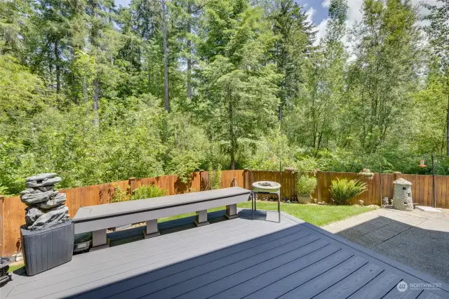 New Composite Deck with Bench!  Large patio is down below it, with a fully fenced backyard!  Enjoy BBQs and Entertain and be entertained as well by Nature!