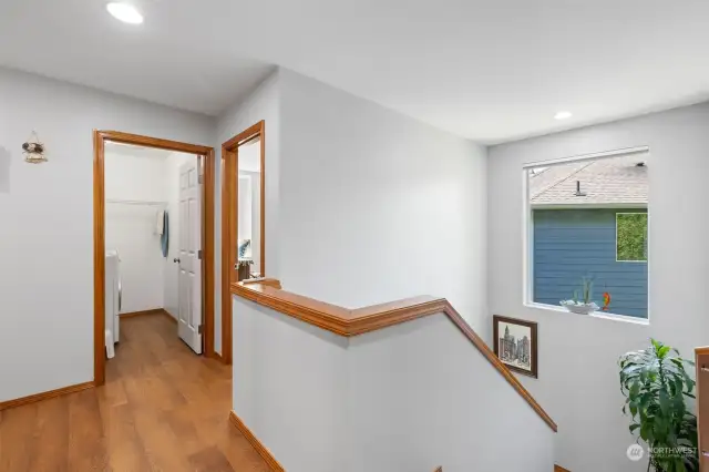Upstairs landing, and yes, the second floor hallway, guest bathroom, and Primary bedroom, Primary bathroom, all have the Aqua, Scratch resistant and Waterproof, Interlock flooring!
