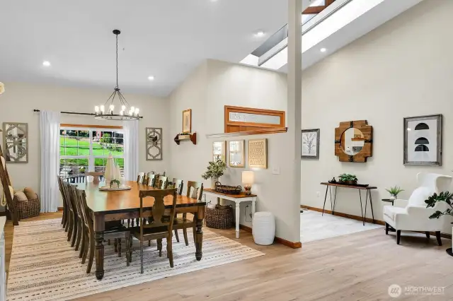 Expansive dining room, skylights abound