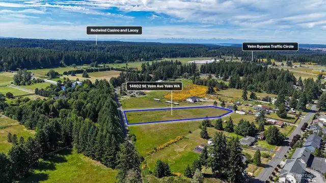 A short commute to Lacey, I-5, and JBLM. Blue boundary lines are approximate. Buyer to verify to their own satisfaction.