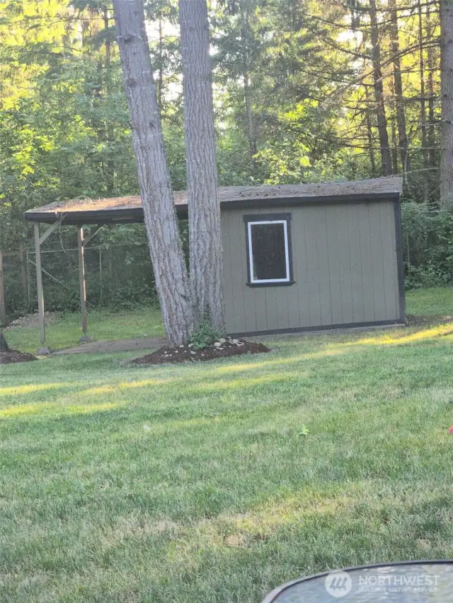 Tucked away in the serene backyard, this detached outbuilding offers ideal storage or workshop potential. Surrounded by evergreens, it’s the perfect private space for hobbies or lawn equipment.