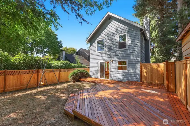 Fenced backyard with 420 sq. ft. refinished Fir deck.
