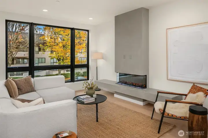 Gas Fireplace with Built-in Bench and Concrete Finish