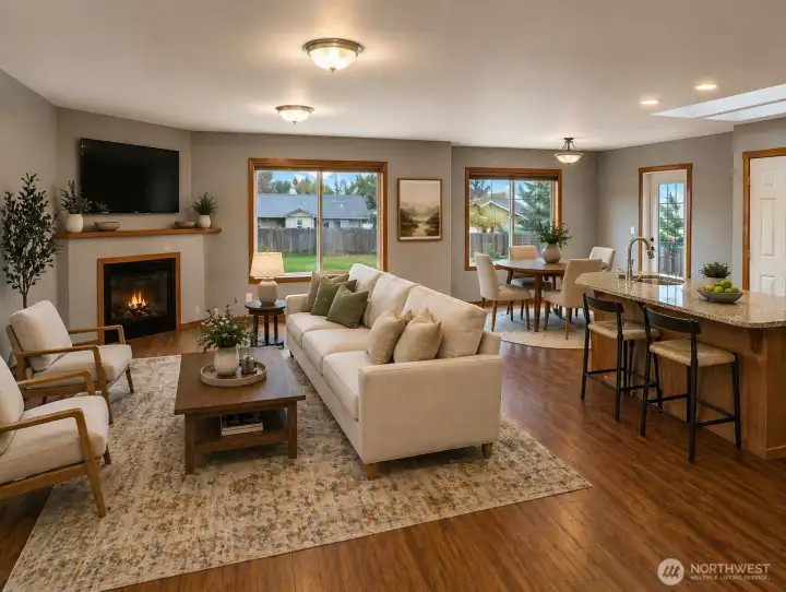The main living space includes luxury vinyl plank flooring and a propane fireplace.