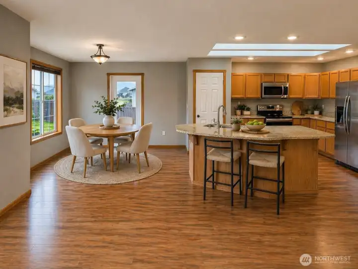 The kitchen features a large granite island, pantry, and included appliances, with direct connection to the dining and living areas for daily use and gatherings. The main living space includes luxury vinyl plank flooring and a propane fireplace.