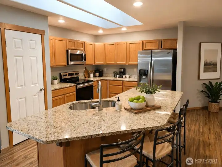 The kitchen features a large granite island, pantry, and included appliances, with direct connection to the dining and living areas for daily use and gatherings. The main living space includes luxury vinyl plank flooring and a propane fireplace.