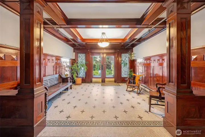 Gorgeous lobby rich with mahogany finishes