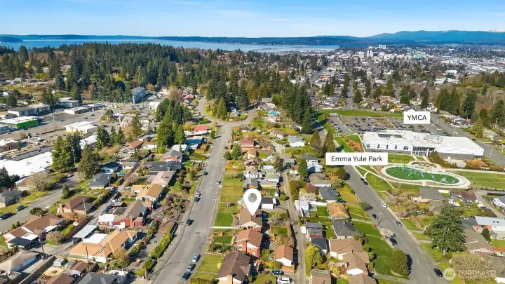 Aerial view facing North showcasing close proximity to YMCA and parks.