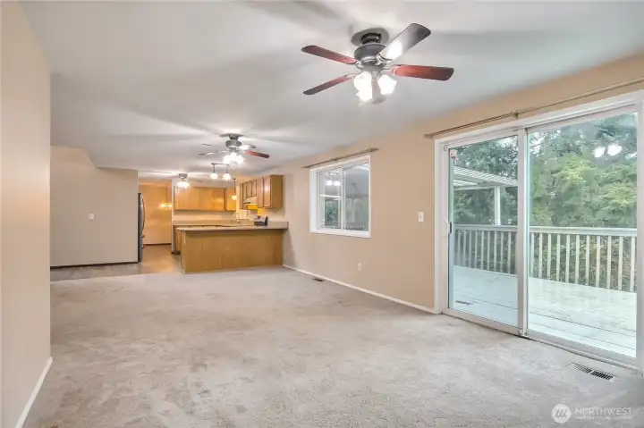 Family room with patio doors to the deck