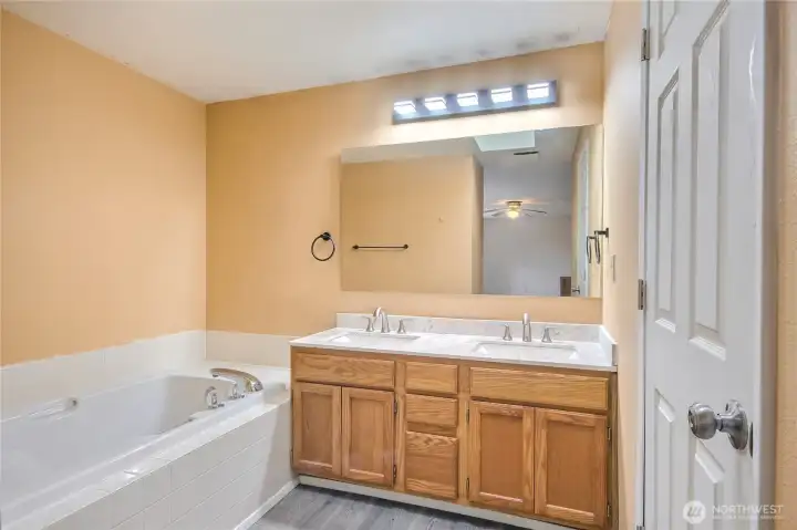 Master bath displays newer counter top and new skylight