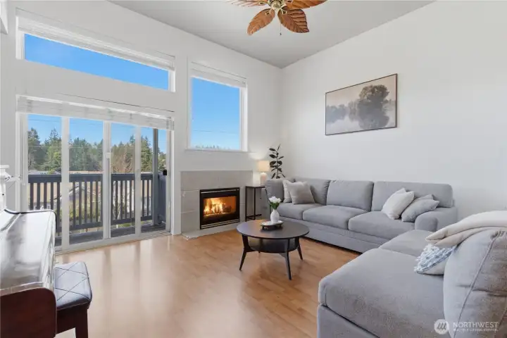 The spacious living room offers a cozy gas fireplace and walk out balcony