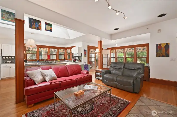 Looking into kitchen and eating space from family room
