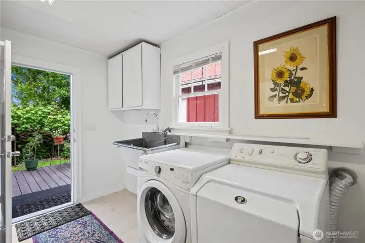 Laundry room with antique wash sink off back yard